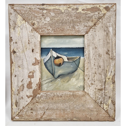 340 - Wian Hattingh (21st century, South Africa)
 Oil on board
 Beached boat at water's edge, initialled, ... 