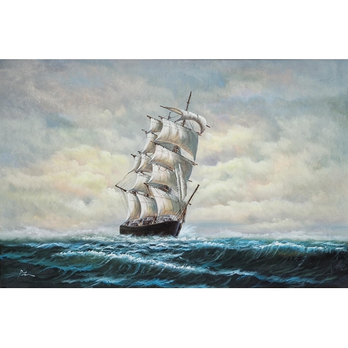 347 - 21st century school,
 Oil on canvas
 Maritime depicting a tall ship at sail, indistinctly signed Pet... 