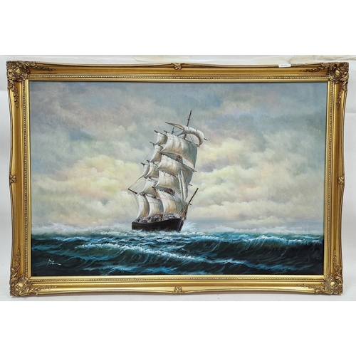 347 - 21st century school,
 Oil on canvas
 Maritime depicting a tall ship at sail, indistinctly signed Pet... 