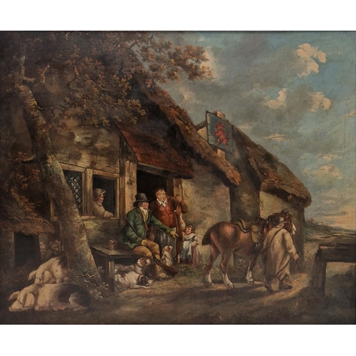 349 - 19th century School
  Oil on board
 Rural scene with figures and animals outside a tavern, 61cm x 74... 