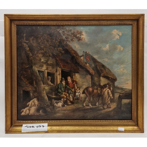 349 - 19th century School
  Oil on board
 Rural scene with figures and animals outside a tavern, 61cm x 74... 