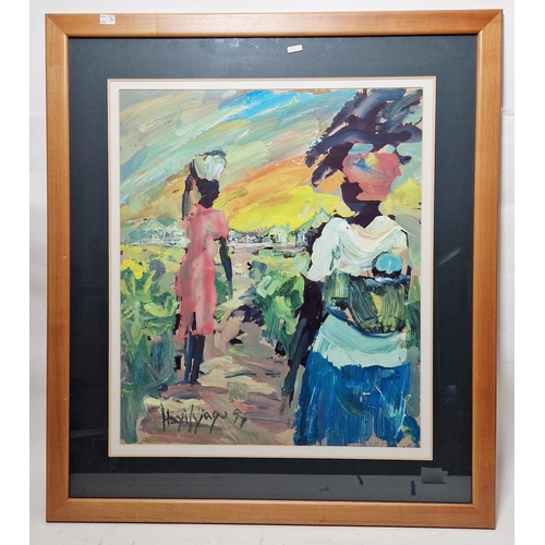 361 - Hayi Njagu
 Paint on paper
 Two figures walking towards a village, signed and dated '99 lower left, ... 