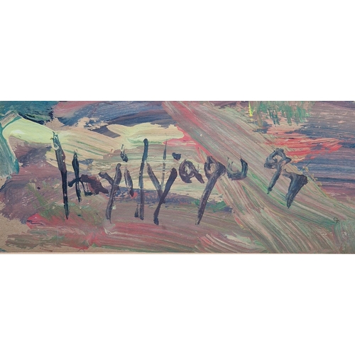 361 - Hayi Njagu
 Paint on paper
 Two figures walking towards a village, signed and dated '99 lower left, ... 