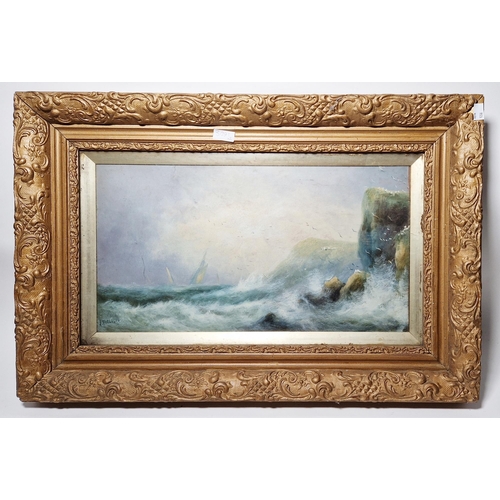 367 - J. Ferguson (19th century)
 Oil on card
 Pair of coastal scenes with boats in rough seas with waves ... 