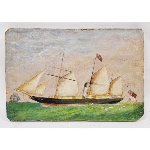 376 - Late 19th century School
 Oil on panel
 Maritime, depicting a cargo steamer, 29cm x 43.2cm 

 Proper... 