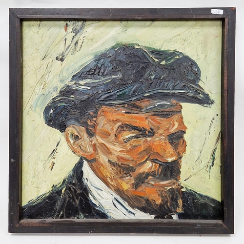 382 - 20th century school
  Oil on board
 Portrait of Lenin, wearing flat cap, in heavy impasto, 44cm x 45... 