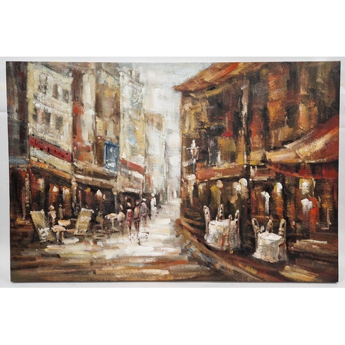 385 - 20th century school
 Oil on canvas
 Continental street scene with figures, unsigned, unframed, 80cm ... 