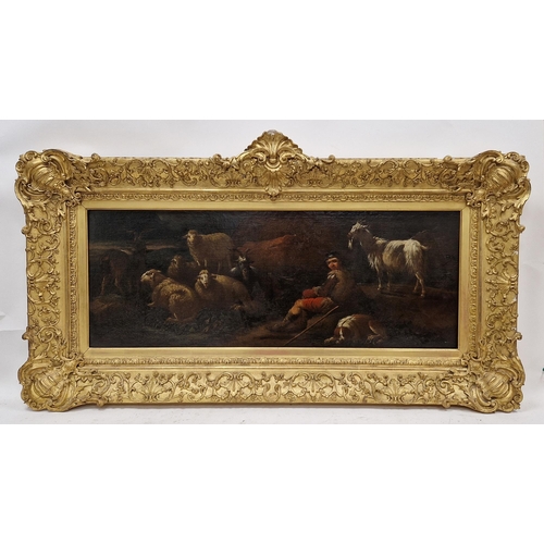 391 - In the manner of Phillipp Peter Roos
 Oil on canvas
 Shepherd and his dog with his sheep and goat he... 