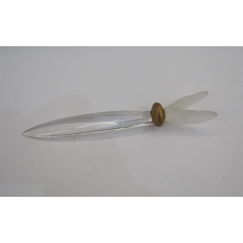 53 - Lalique glass paper knife, the terminal modelled as a frosted pair of wings with gilt knop beneath a... 