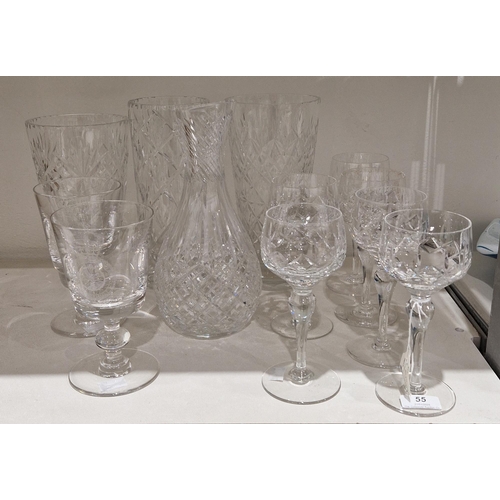 55 - Six Stuart cut-glass Carlingford hock glasses on baluster stems, a pair of contemporary etched Royal... 