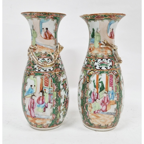 58 - Pair of 19th century Chinese Canton famille rose baluster vases, each moulded with scrolling gilt dr... 