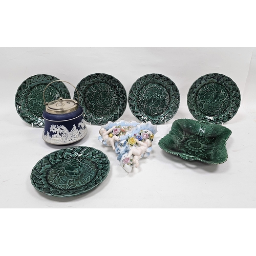 6 - Late 19th century Wedgwood majolica green-glazed leaf and basket moulded shaped rectangular dish, im... 