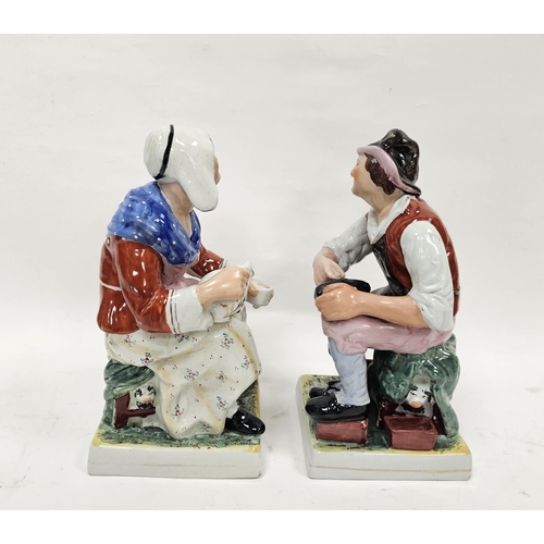 8 - Pair of Staffordshire pottery figures of a cobbler and companion, late 19th/early 20th century, each... 