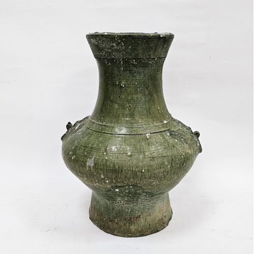 9 - Chinese green glazed pottery vessel (Hu), in the Han Dynasty Archaic style, moulded with ringed beas... 