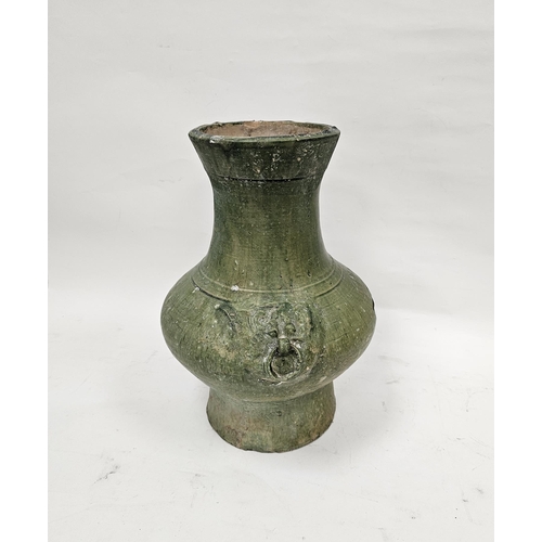 9 - Chinese green glazed pottery vessel (Hu), in the Han Dynasty Archaic style, moulded with ringed beas... 