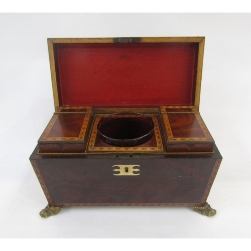 1002A - Regency inlaid mahogany tea caddy, sarcophagus shaped, with lozenge inlaid borders, gilt metal doubl... 