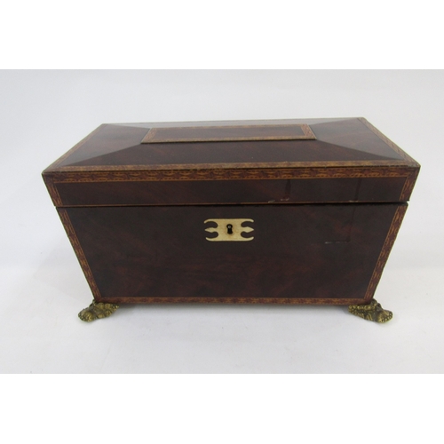 1002A - Regency inlaid mahogany tea caddy, sarcophagus shaped, with lozenge inlaid borders, gilt metal doubl... 