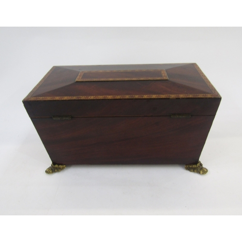 1002A - Regency inlaid mahogany tea caddy, sarcophagus shaped, with lozenge inlaid borders, gilt metal doubl... 