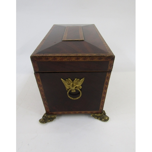 1002A - Regency inlaid mahogany tea caddy, sarcophagus shaped, with lozenge inlaid borders, gilt metal doubl... 