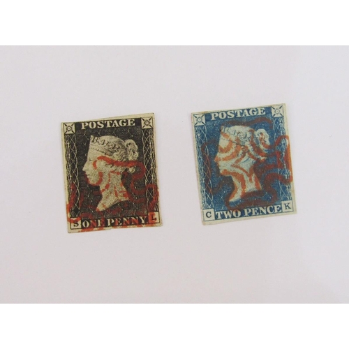 305 - GB stamps: Fine Penny Black ‘SL’ (SG 2) and first issue 2d Blue ‘CK’ (SG 5), both 4 margin & red Mal... 