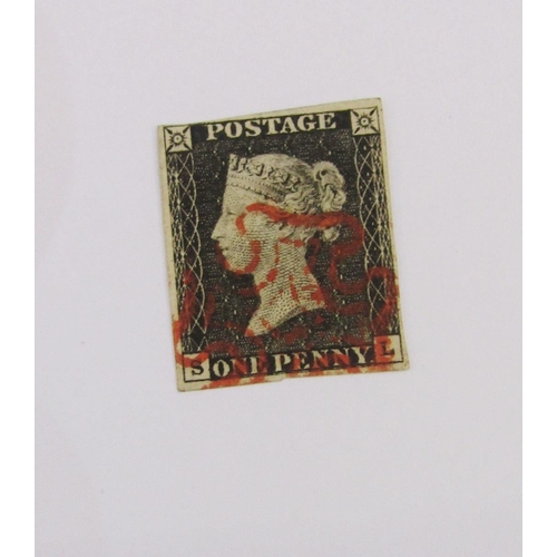 305 - GB stamps: Fine Penny Black ‘SL’ (SG 2) and first issue 2d Blue ‘CK’ (SG 5), both 4 margin & red Mal... 