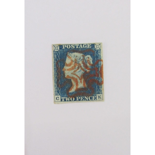 305 - GB stamps: Fine Penny Black ‘SL’ (SG 2) and first issue 2d Blue ‘CK’ (SG 5), both 4 margin & red Mal... 