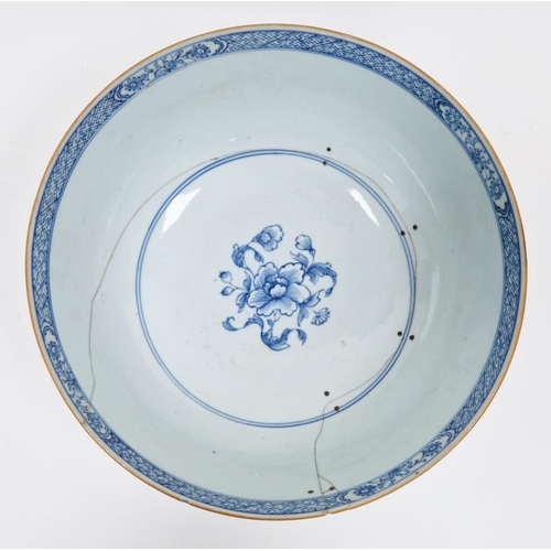 100 - 18th century Chinese Export blue and white porcelain punch-bowl, painted with willow and peony below... 