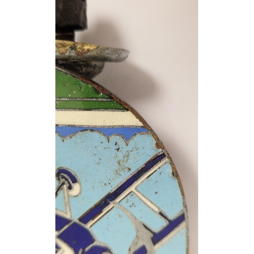 159 - Brooklands Aero-club enamel car mascot depicting a bi-plane in flight, stamped to reverse Spencer, L... 