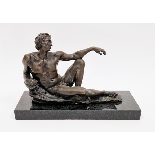 161 - Bronze sculpture of Michelangelo's Adam on slate plinth, 23cm long