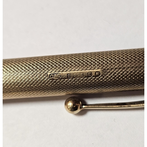 275 - 9ct gold cased propelling pencil with engine turned decoration, inscribed with initials together wit... 