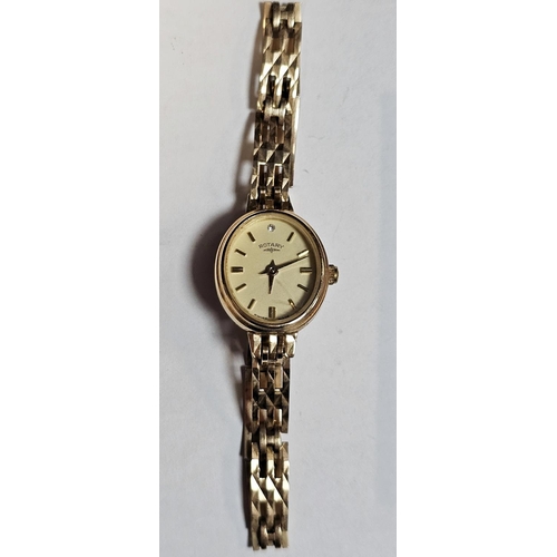 281 - Rotary 9ct gold wristwatch, the oval face with baton markers on a three bar gate-link strap, with sp... 