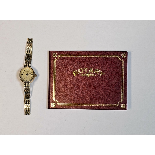 281 - Rotary 9ct gold wristwatch, the oval face with baton markers on a three bar gate-link strap, with sp... 