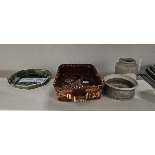 55 - Collection of assorted studio pottery and other items including a group of flambe and coloured glaze... 