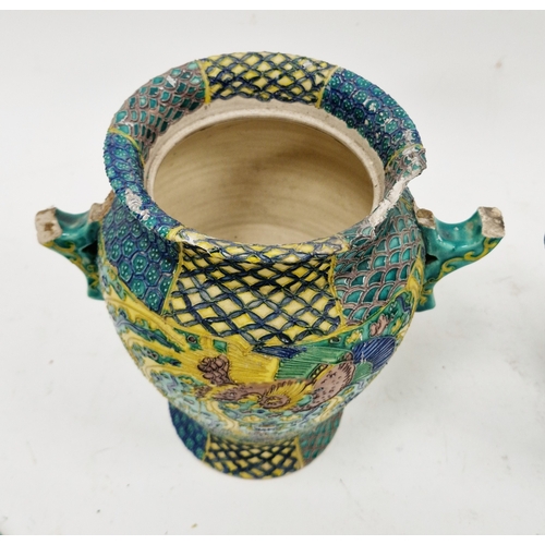 130 - Pair of Japanese late Meiji period (1868-1912) green ground pottery vases and covers, each with red ... 