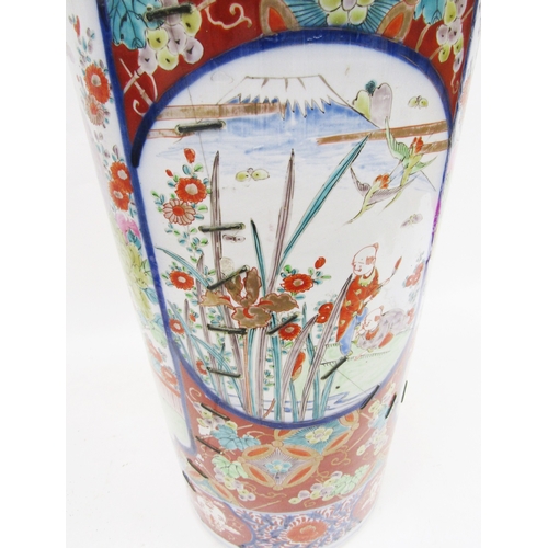 131 - Imari inverted baluster faceted section vase and domed cover, painted in iron red, blue and gilding ... 