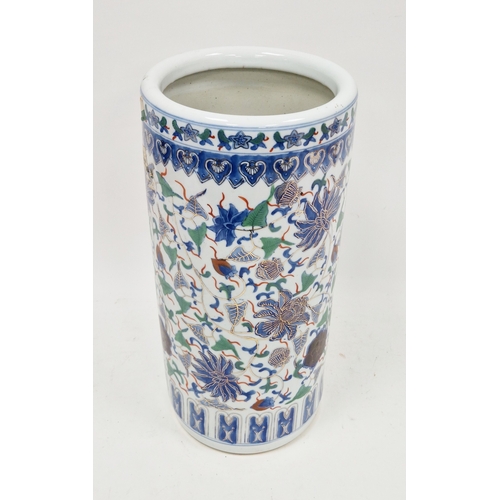 132 - Contemporary Chinese porcelain cylindrical stickstand, printed, painted in gilt with flowersprays an... 