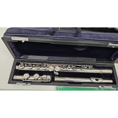 151 - Trevor J. James of London silver plated flute, stamped T.J. 10ix, serial number 28575, contained in ... 
