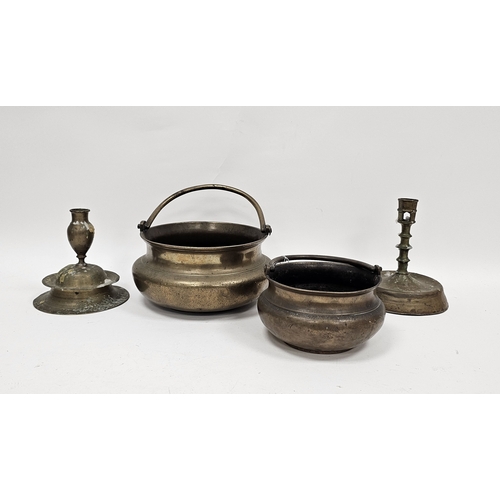 152 - Antique Nuremberg brass candlestick with broad bell-shaped case, engraved P.P to base, 16.5cm high, ... 