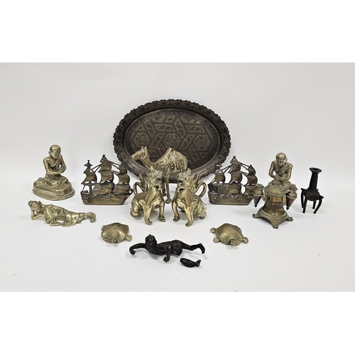 153 - Collection of mainly Asian metalware including pair of brass foo dogs, 12cm high, pair of brass pray... 