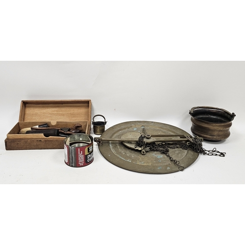 162 - Set of antique Italian brass balance scales, 19th century Lund lever-action corkscrew, a quantity of... 