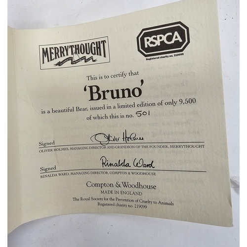 171 - Merrythought ' Bruno The Official RSPCA Collectors teddy bear ' with his puppy on lead,  limited edi... 