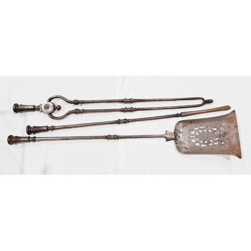 177 - Set of three 19th century steel fire irons viz:- pair tongs, poker and shovel with pierced and sligh... 