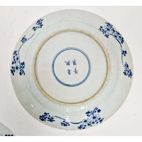 123 - Three Chinese porcelain blue and white 'fishes' plates in the Kangxi style, probably later, with fou... 