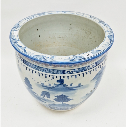 133 - 20th century Chinese porcelain large jardiniere, of baluster form decorated with pavilions on island... 