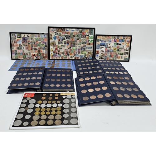 146 - Collection of coins and stamps including three Sandhill coin library albums, one containing half pen... 