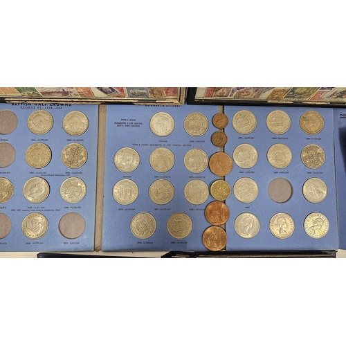 146 - Collection of coins and stamps including three Sandhill coin library albums, one containing half pen... 