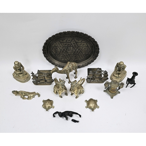 153 - Collection of mainly Asian metalware including pair of brass foo dogs, 12cm high, pair of brass pray... 