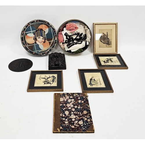 158 - Collection of items including an antique oak panel carved in relief with a lion mask, sketches by Po... 