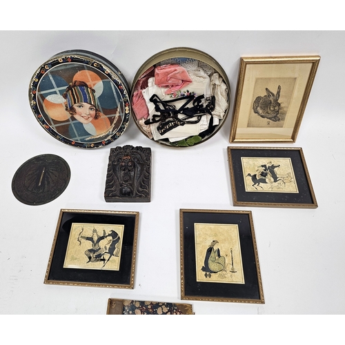 158 - Collection of items including an antique oak panel carved in relief with a lion mask, sketches by Po... 