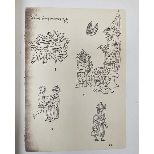 158 - Collection of items including an antique oak panel carved in relief with a lion mask, sketches by Po... 